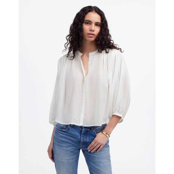 MADEWELL Balloon-Sleeve Top XXS White Button Up Blouse Semi-Sheer NWT B79 - Picture 1 of 7
